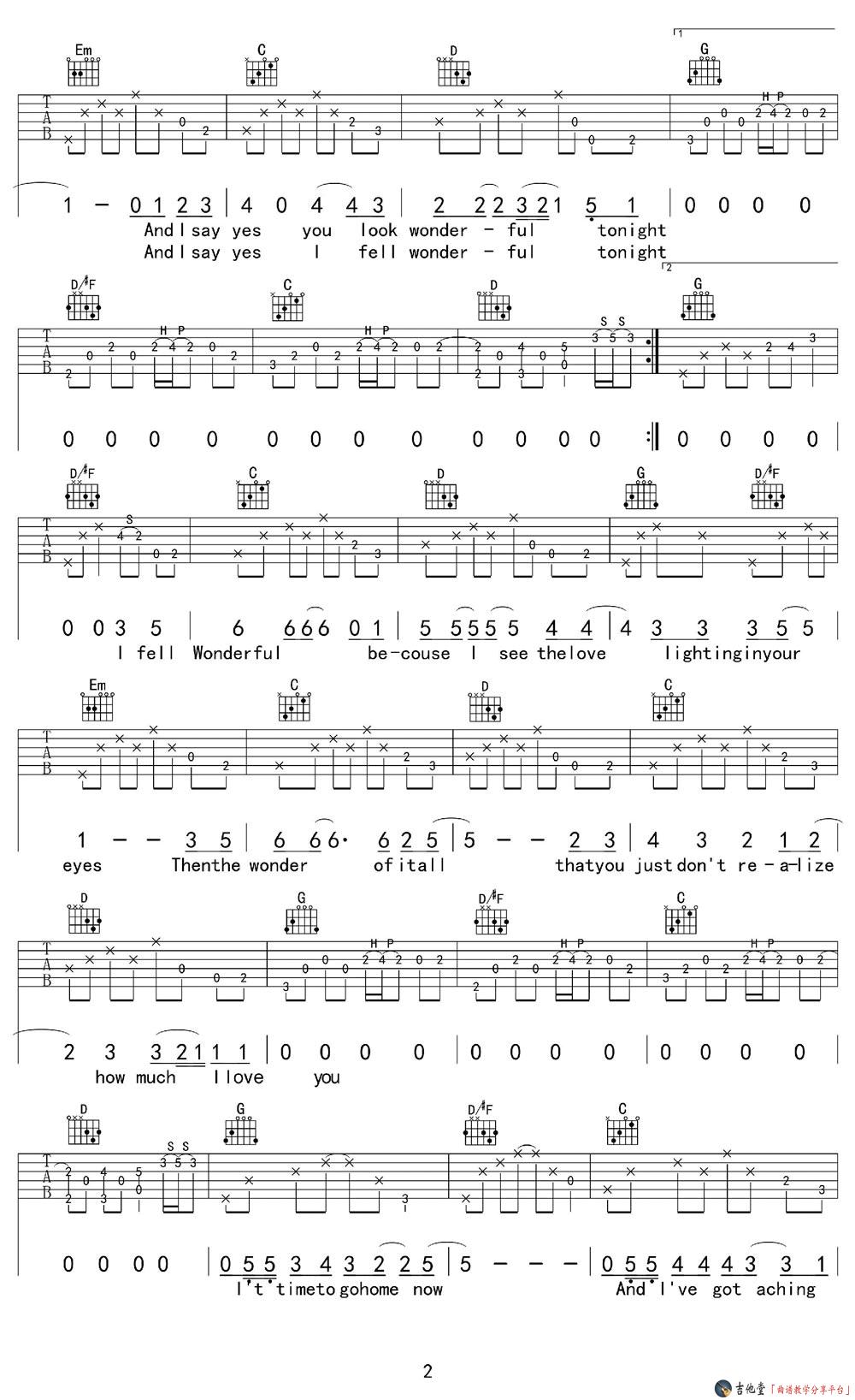 《Wonderful Tonight》吉他谱_Eric Clapton_弹唱六线谱附弹唱演示