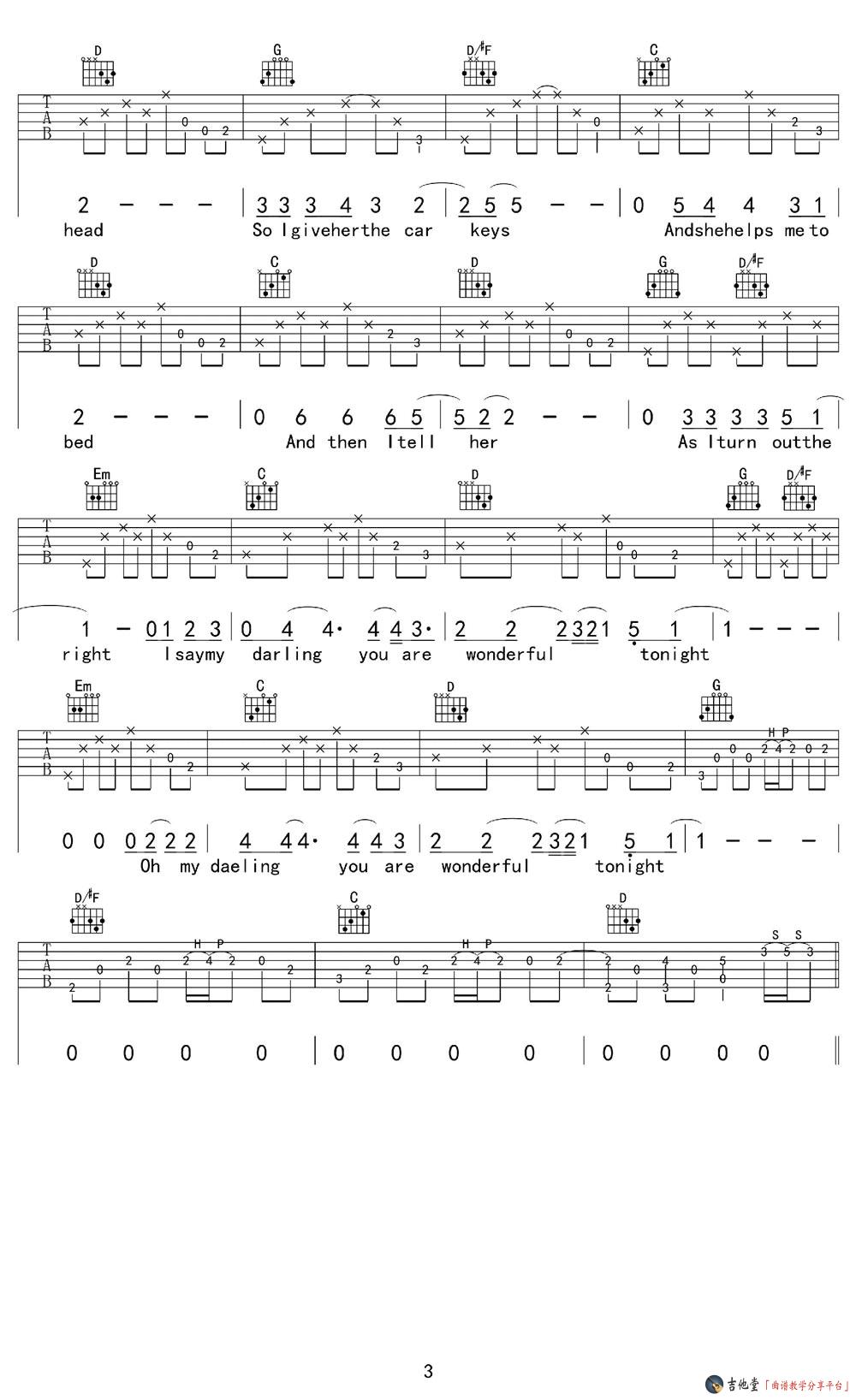 《Wonderful Tonight》吉他谱_Eric Clapton_弹唱六线谱附弹唱演示