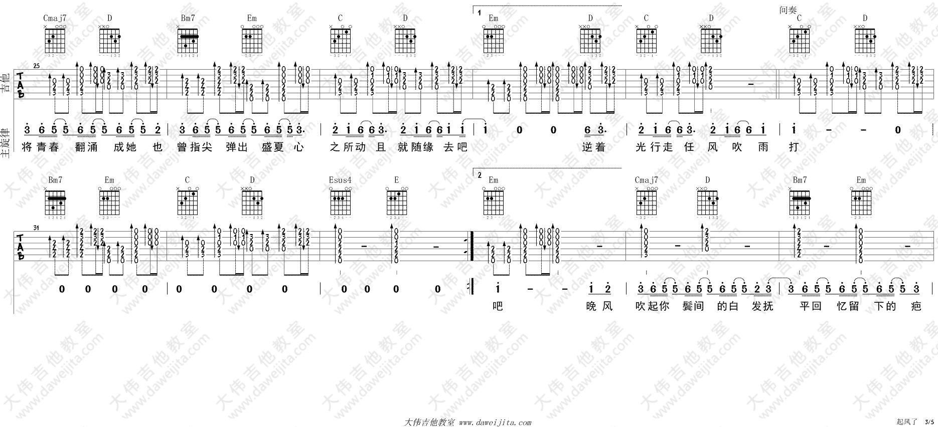 《起风了》吉他谱_吉他弹唱演示示范_大伟教学版