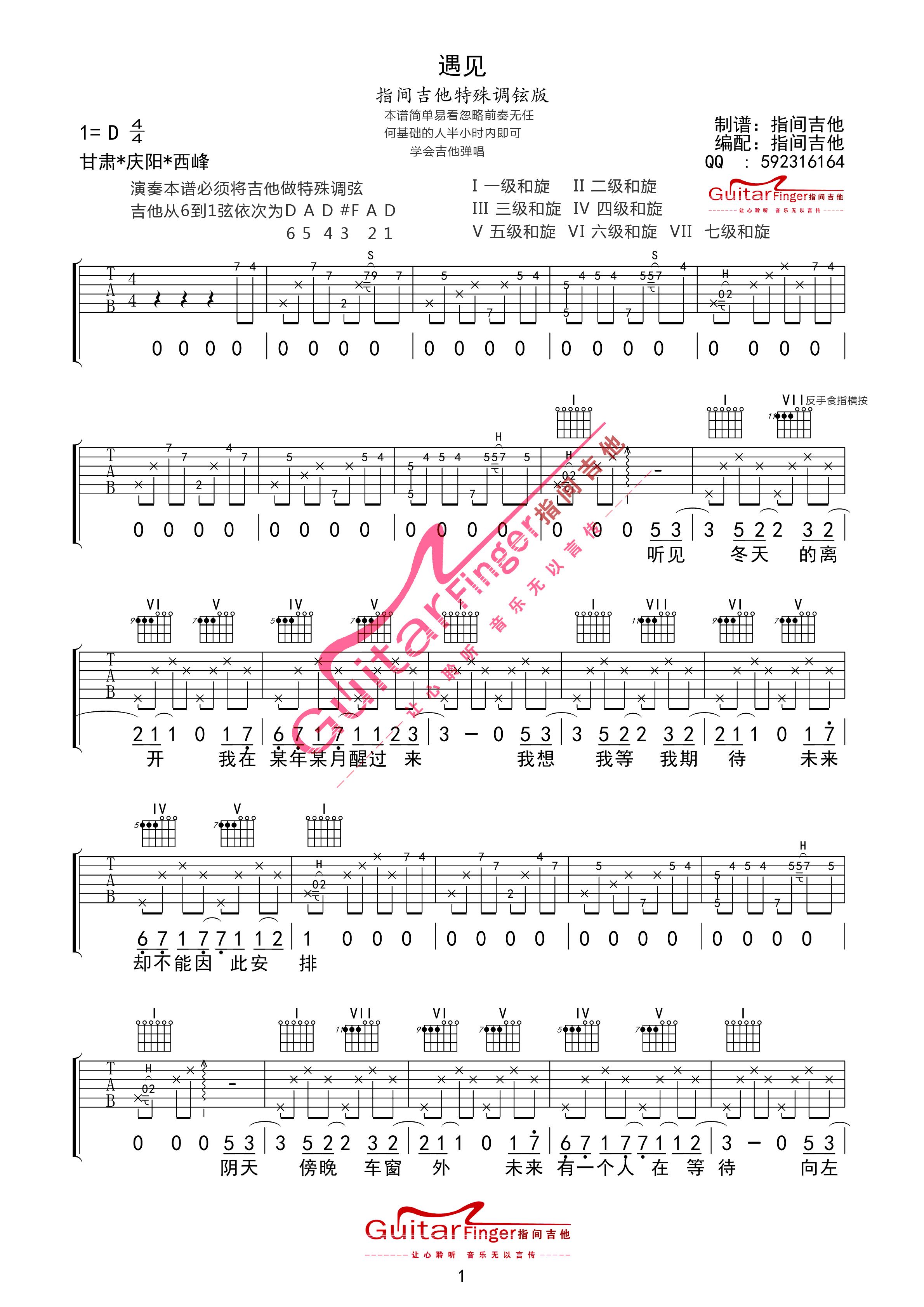 《遇见》吉他谱_孙燕姿《遇见》初学弹唱谱